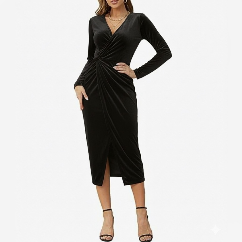 NEW Black Velvet Midi Split Dress V Neck Size S